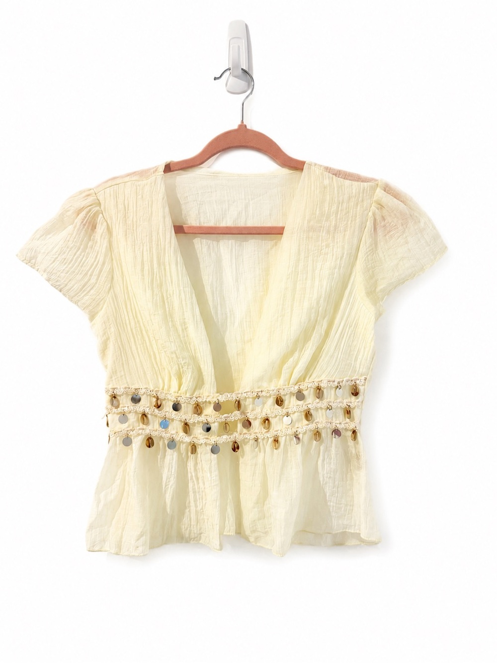 Light Yellow V-Neck Short Sleeve Women's Top